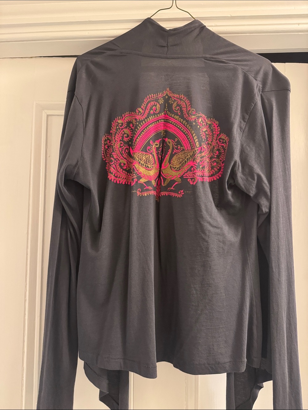 Lucky fish Dark Gray Long Sleeve Cardigan tee with Pink & Gold Back Motif large